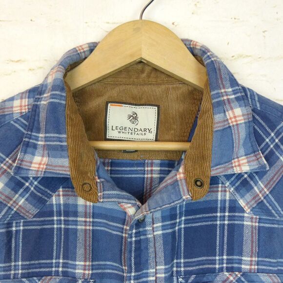 Legendary Whitetails Shirt Mens L Blue Plaid Western Flannel Stockyards Shotgun - Picture 10 of 16